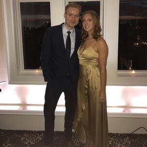 Mariah Wrap Bridesmaid Dress in Gold Luxe Satin